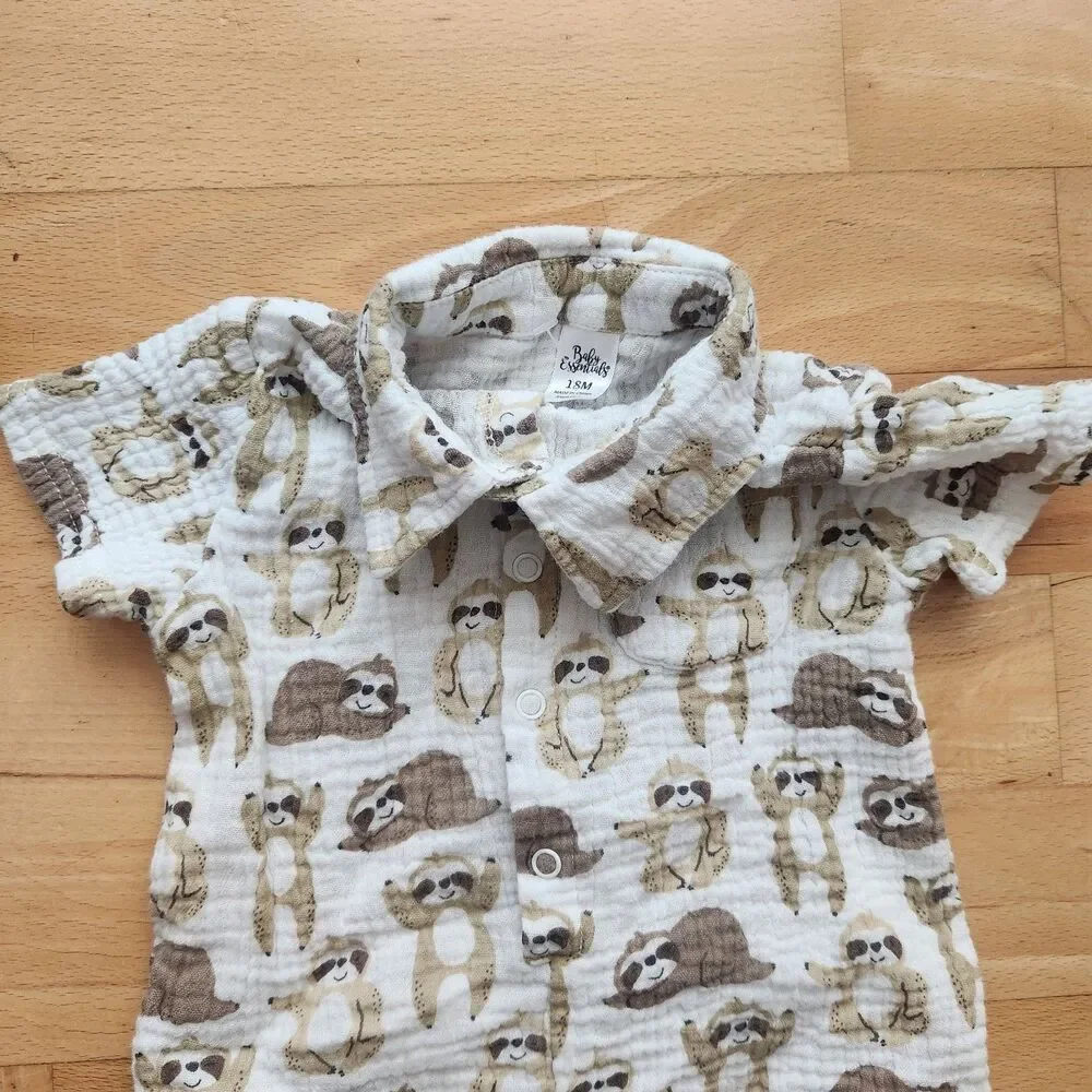 Infant Sloth Print Gauze Collared Cotton Romper, 18mos